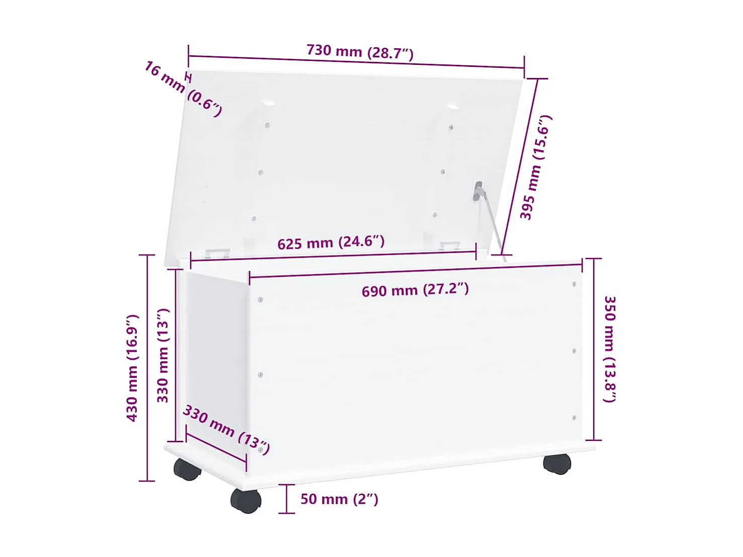 Coffre de rangement et roulettes ALTA blanc 73x39,5x43 cm
