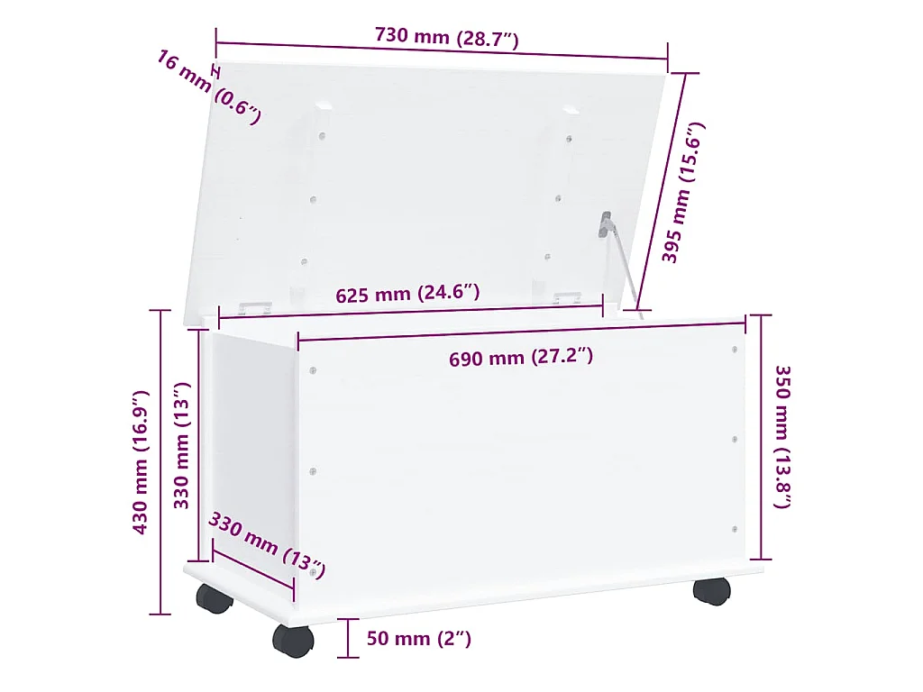 Opbergkist met wielen ALTA 73x39,5x43 cm massief grenenhout wit