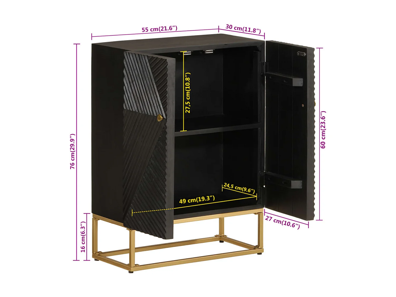 Buffet noir 55x30x76 cm bois massif de manguier et fer