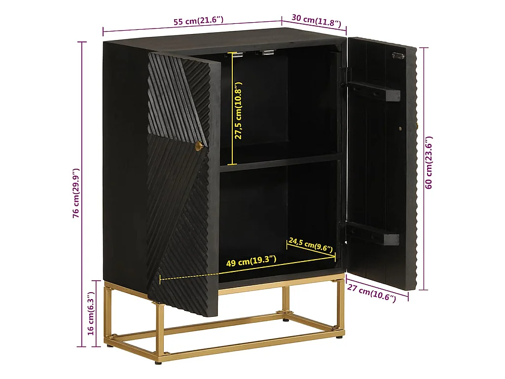 Sideboard Schwarz 55x30x76 cm Massivholz Mango und Eisen