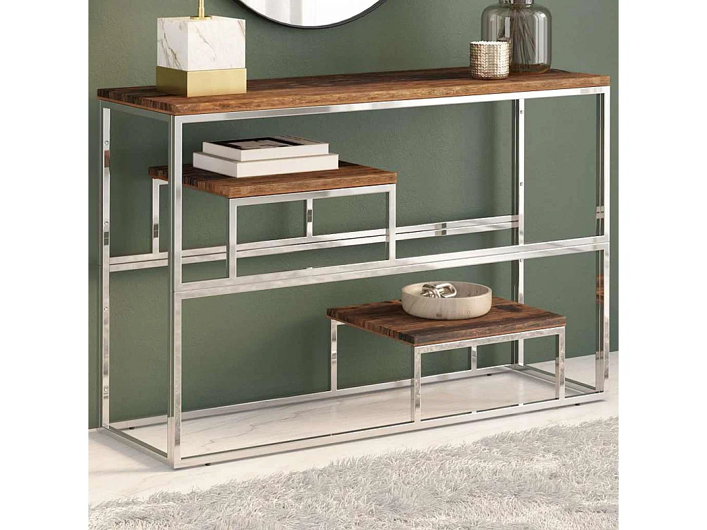 Wandtafel roestvrij staal en massief bielshout zilverkleurig