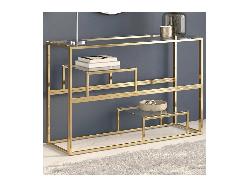 Table console doré acier inoxydable et verre trempé