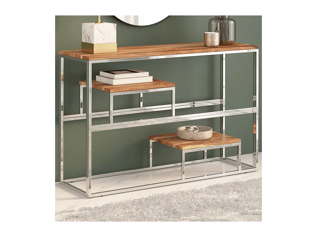 Table console argenté acier inoxydable et bois massif d'acacia