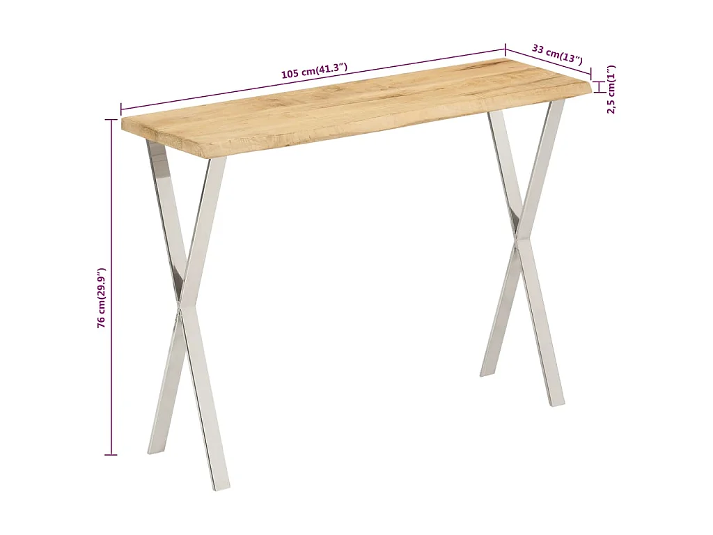 Wandtafel met natuurlijke rand 105x33x76 cm massief mangohout