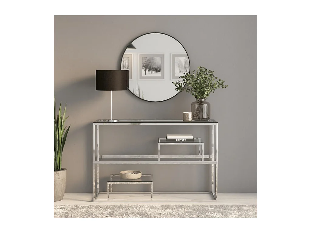 Table console argenté acier inoxydable et verre trempé