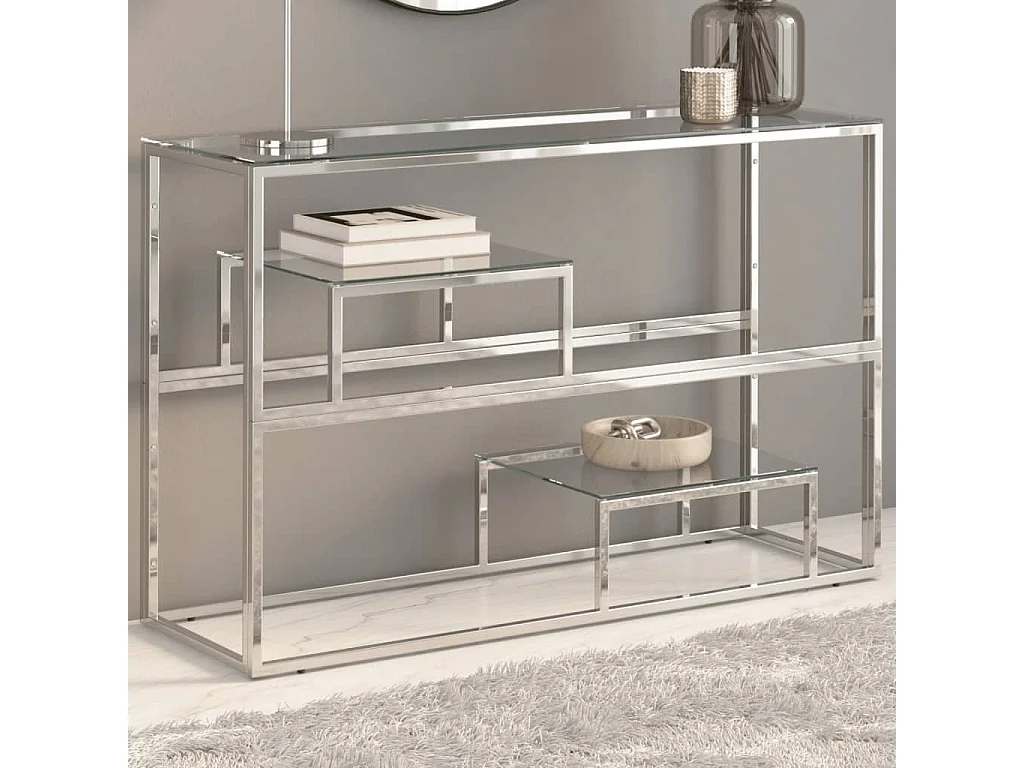 Table console argenté acier inoxydable et verre trempé