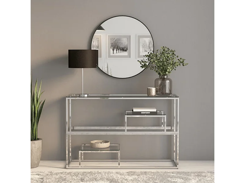 Tavolino Consolle Argento Acciaio Inossidabile Vetro Temperato