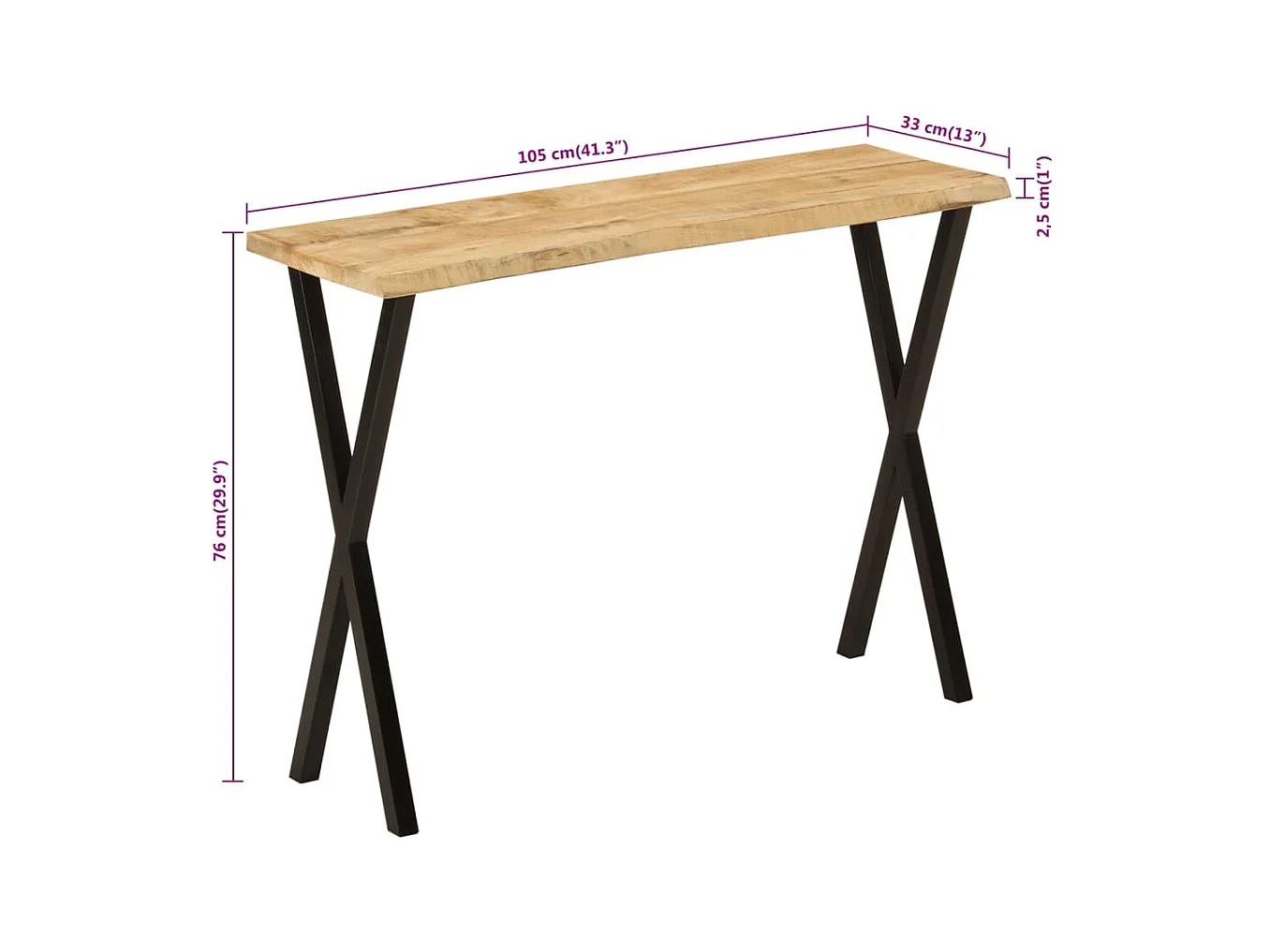 Wandtafel met natuurlijke rand 105x33x76 cm massief mangohout