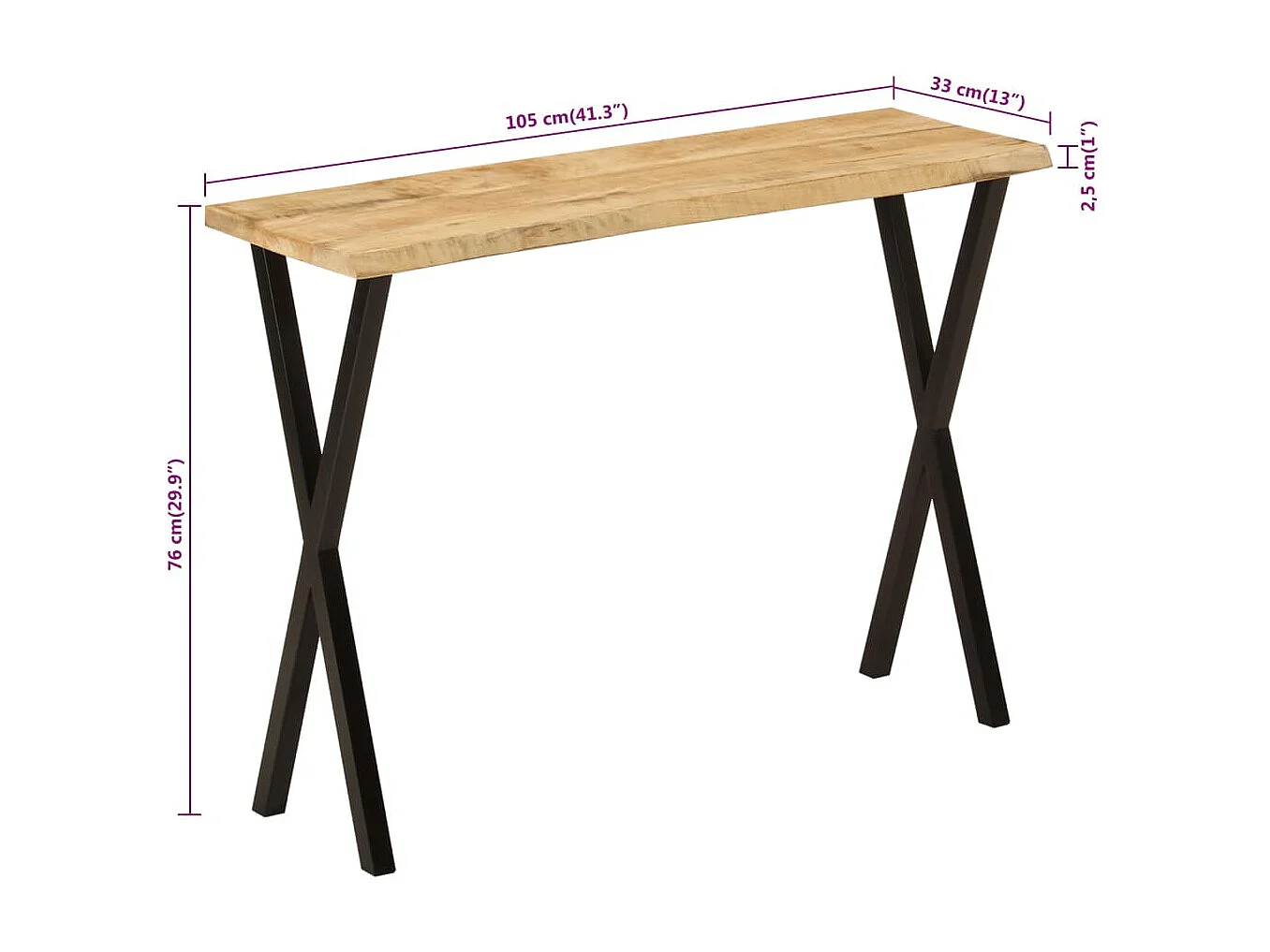 Wandtafel met natuurlijke rand 105x33x76 cm massief mangohout