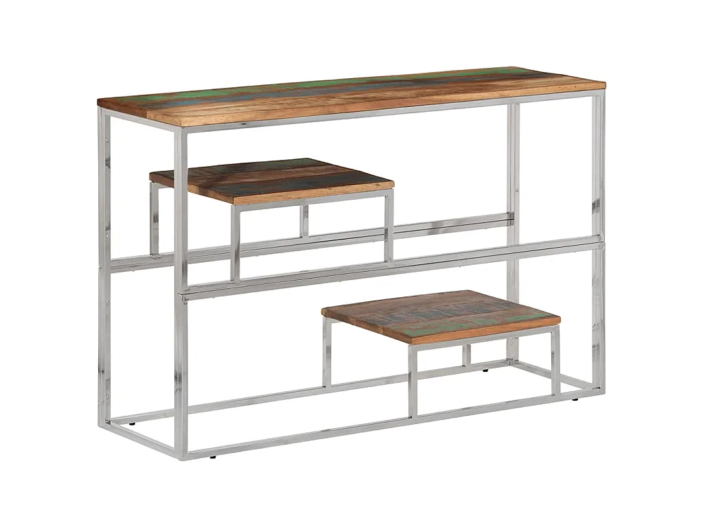Table console argenté inox et bois de récupération massif