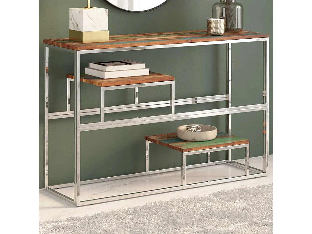 Table console argenté inox et bois de récupération massif