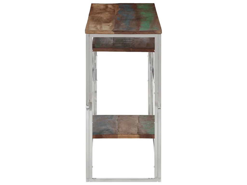 Table console argenté inox et bois de récupération massif