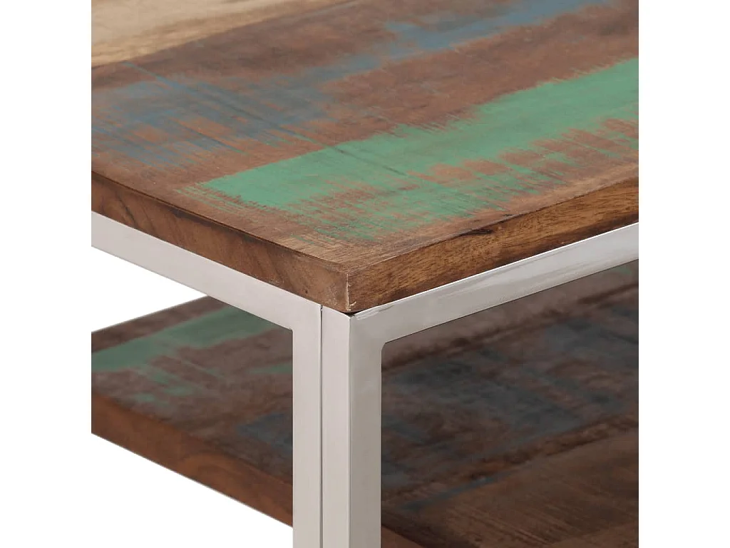 Table console argenté inox et bois de récupération massif