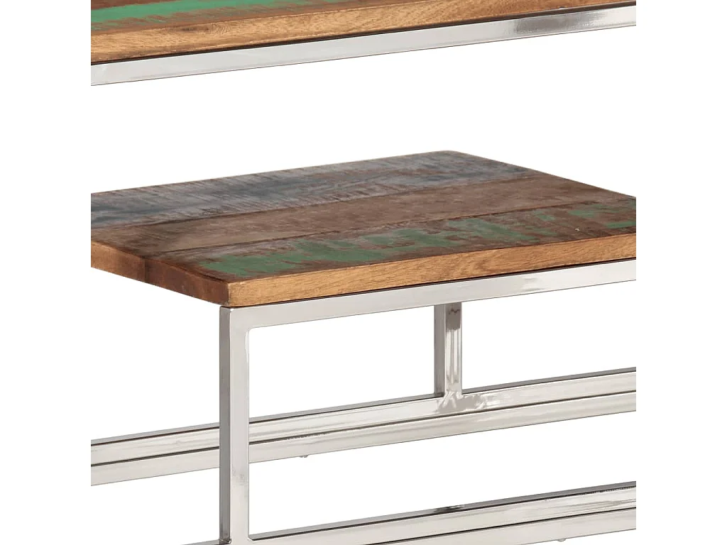 Table console argenté inox et bois de récupération massif