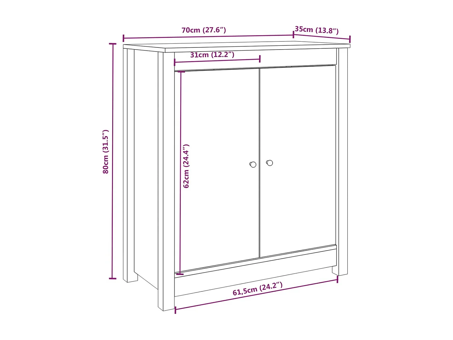 Credenza Nera 70x35x80 cm in Legno Massello di Pino