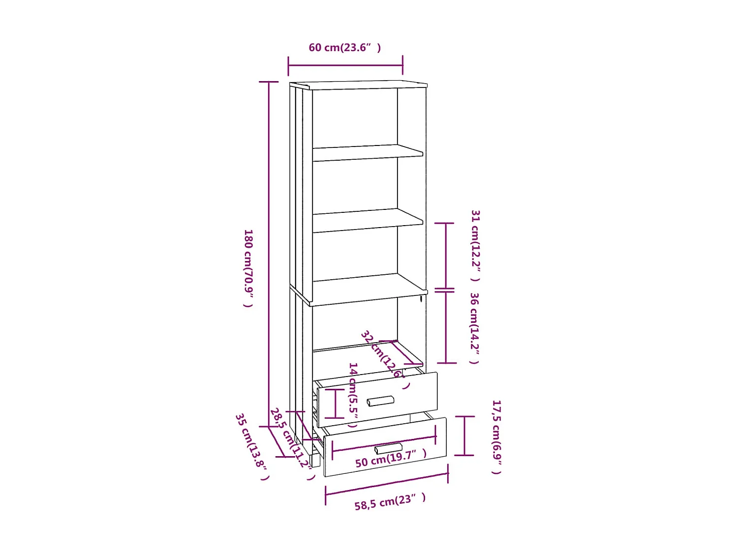 Buffet HAMAR Gris clair 60x35x180 cm Bois de pin massif