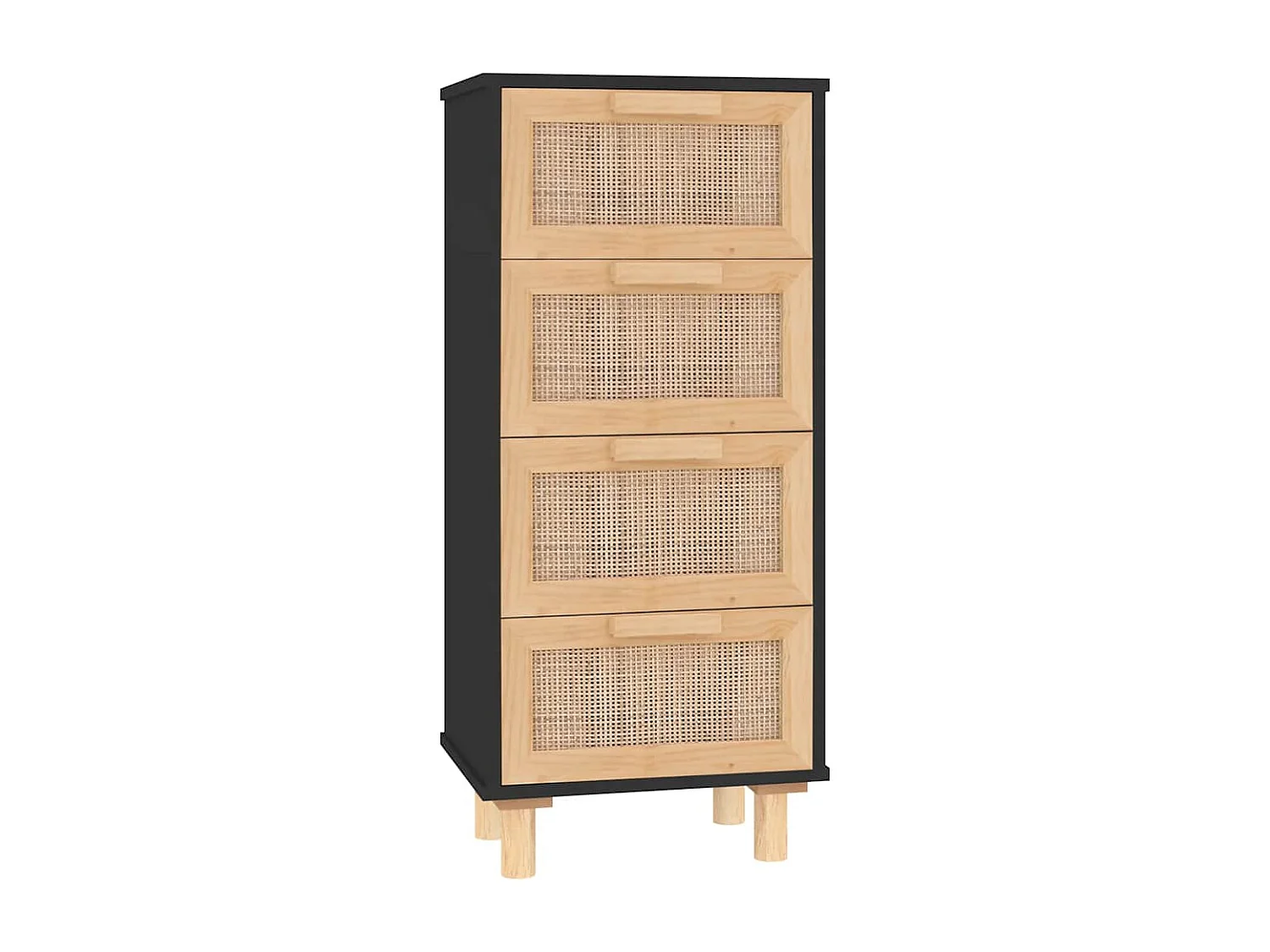 Sideboard Schwarz 40x30x90cm Massivholz Kiefer und Natur-Rattan