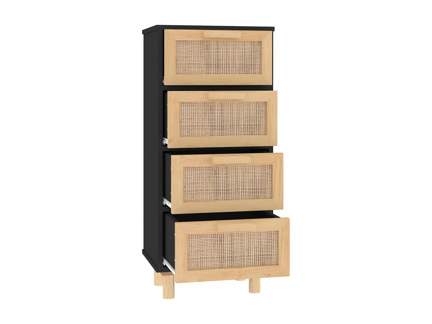 Sideboard Schwarz 40x30x90cm Massivholz Kiefer und Natur-Rattan