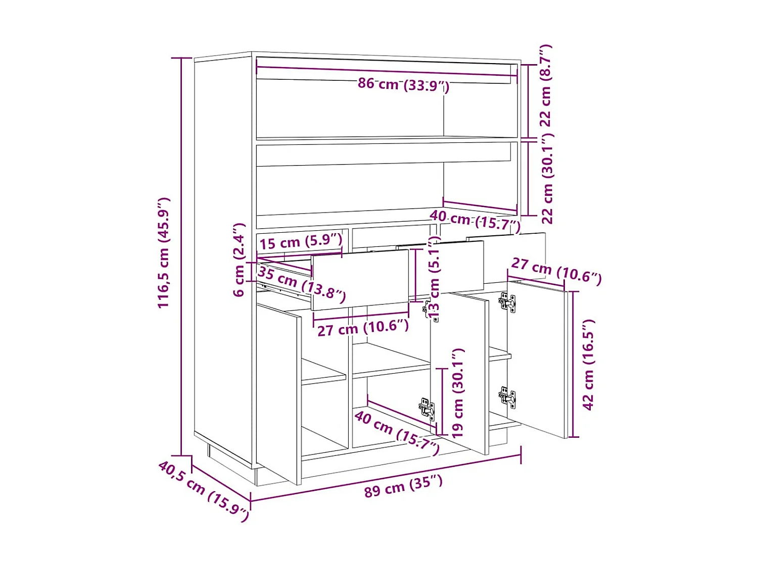 Buffet haut Blanc 89x40x116,5 cm Bois massif de pin