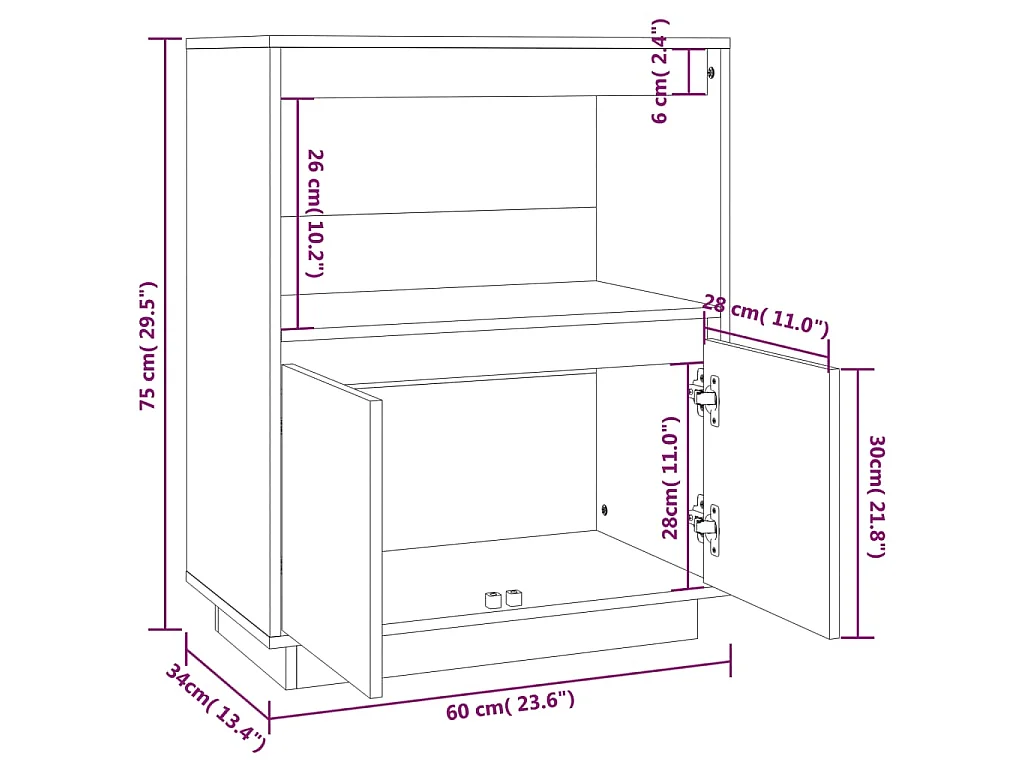 Buffet Blanc 60x34x75 cm Bois massif de pin