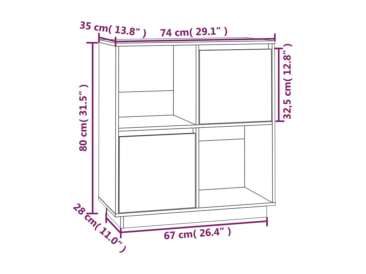Dressoir 74x35x80 cm massief grenenhout wit