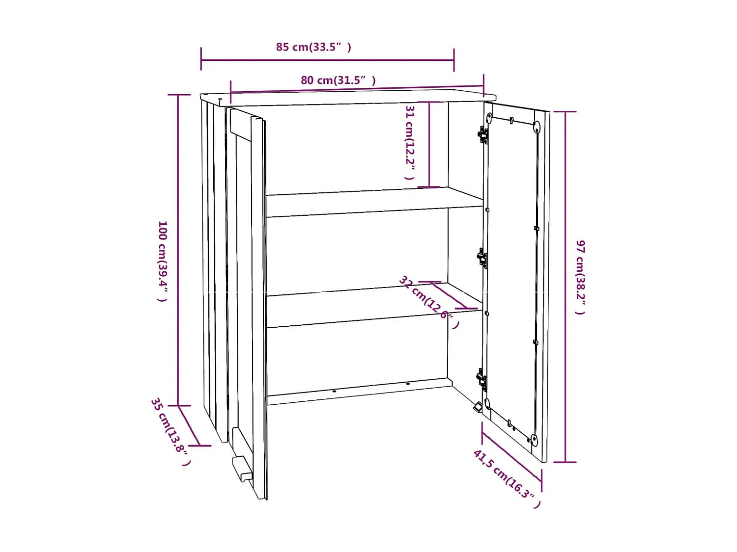 Highboard-Oberteil HAMAR Weiß 85x35x100 cm Massivholz