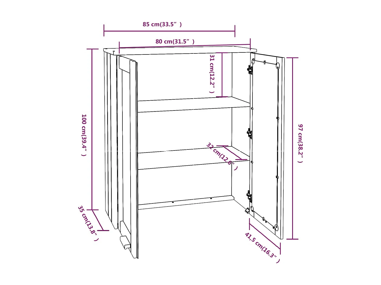 Highboard-Oberteil HAMAR Weiß 85x35x100 cm Massivholz