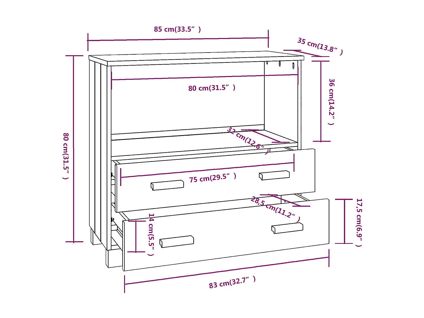 Buffet HAMAR Blanc 85x35x80 cm Bois massif de pin