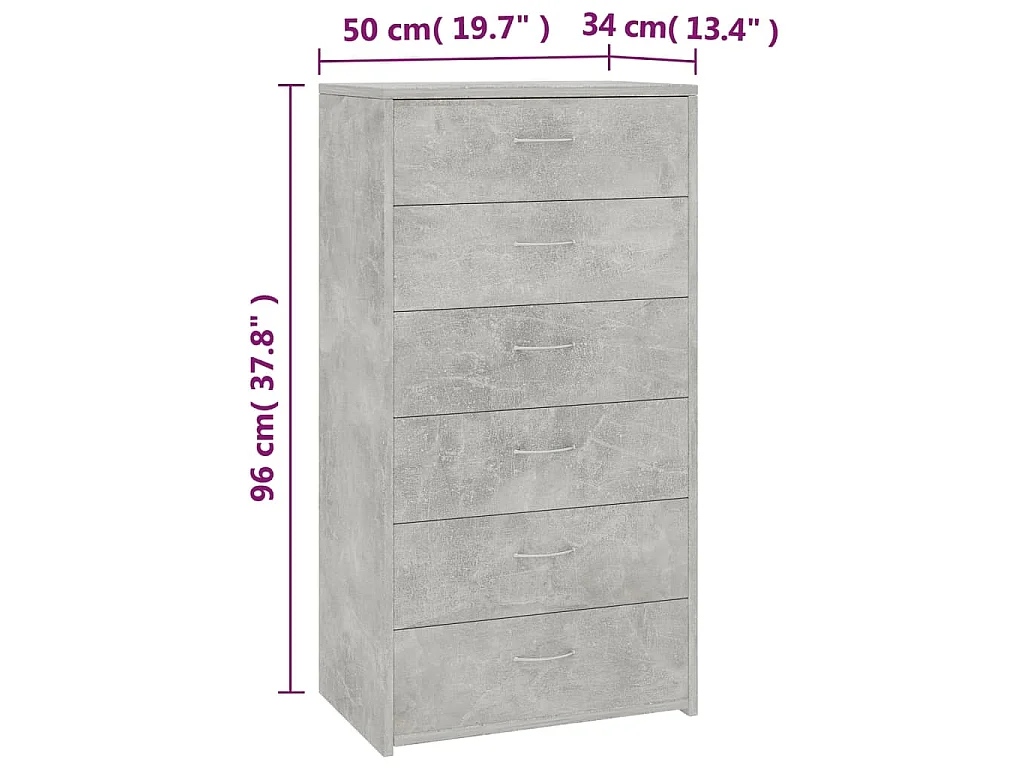 Aparador c/ 6 gavetas 50x34x96cm contraplacado cinzento cimento
