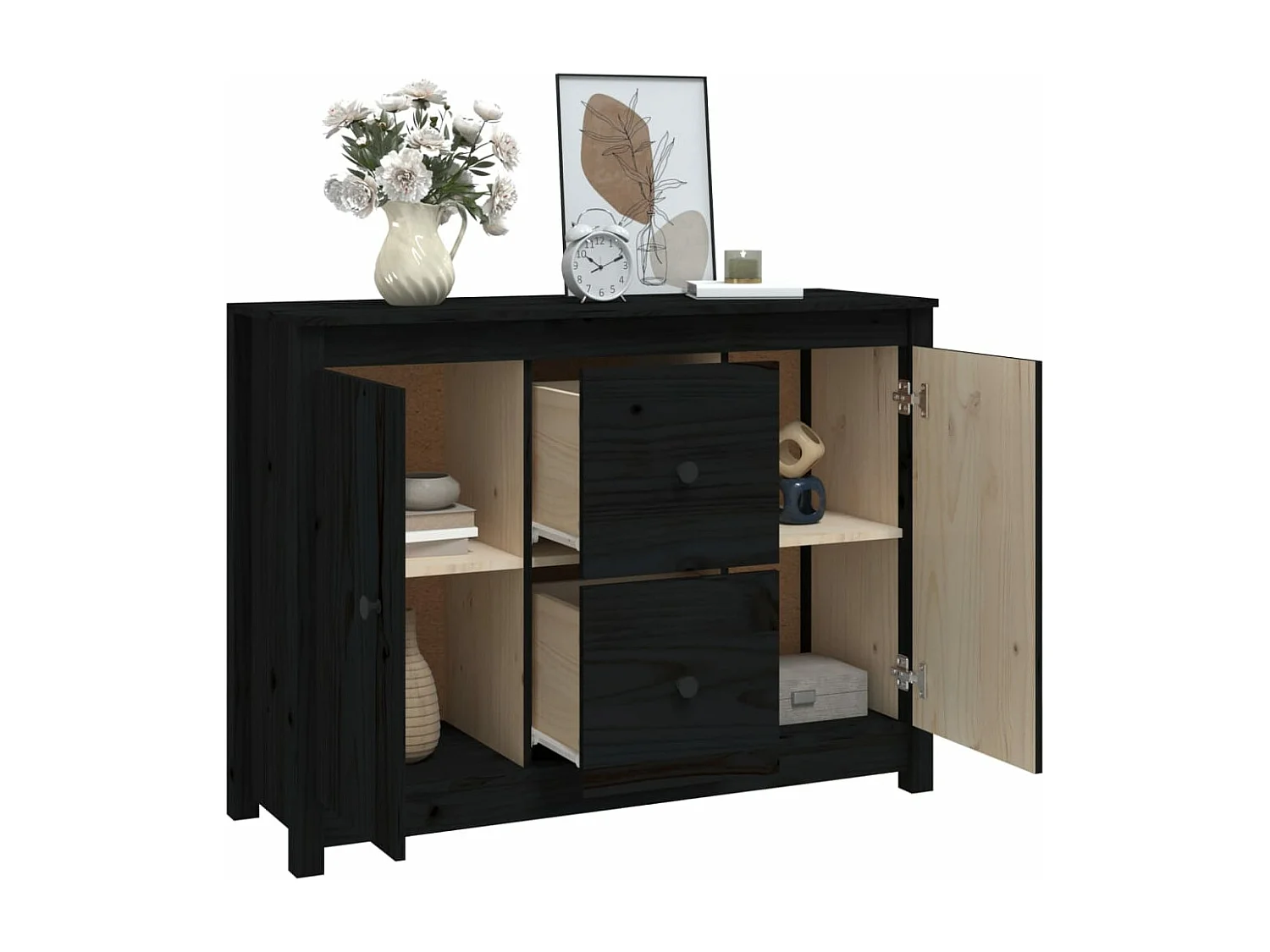 Credenza Nera 100x35x74 cm in Legno Massello di Pino