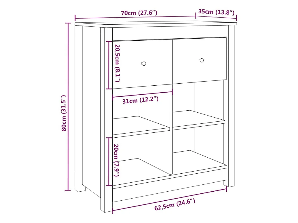 Buffet Gris 70x35x80 cm Bois massif de pin