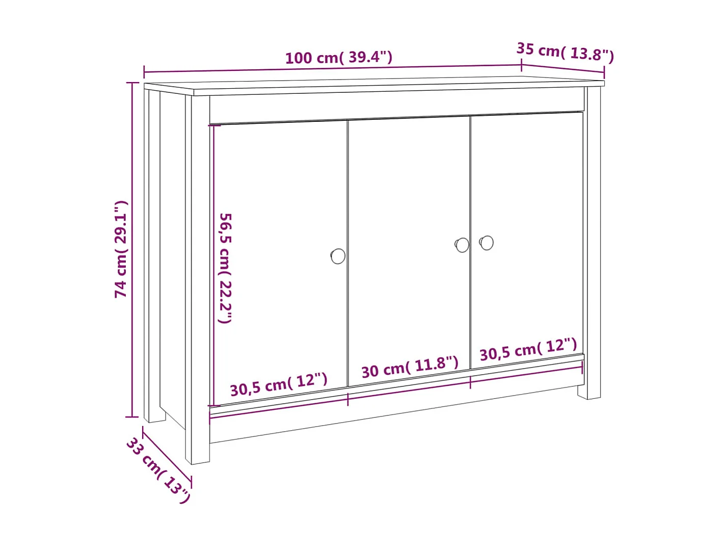 Credenza Grigia 100x35x74 cm in Legno Massello di Pino