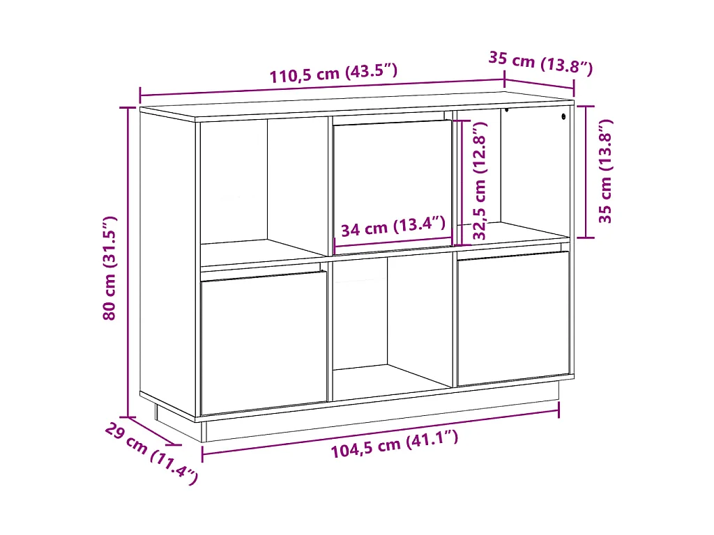 Credenza Marrone Ambrato 110,5x35x80 cm Legno Massello di Pino
