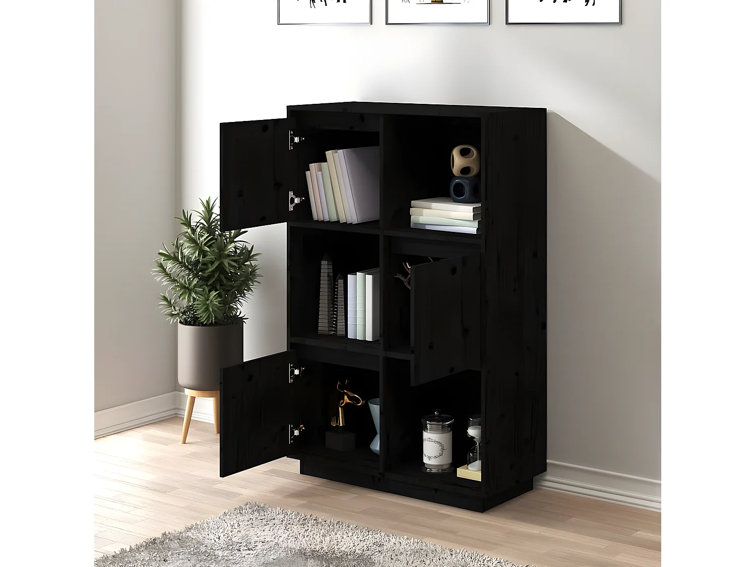 Buffet Noir 74x35x117 cm Bois massif de pin