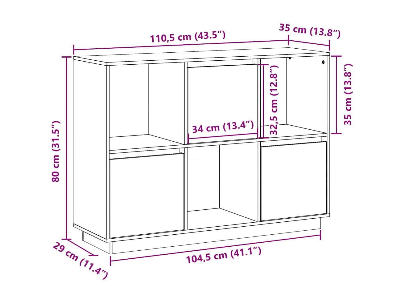 Sideboard Weiß 110,5x35x80 cm Massivholz Kiefer