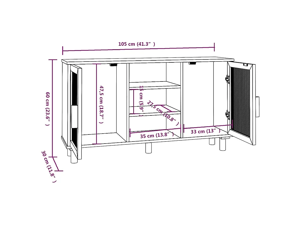 Dressoir 105x30x60 cm massief grenenhout en rattan bruin