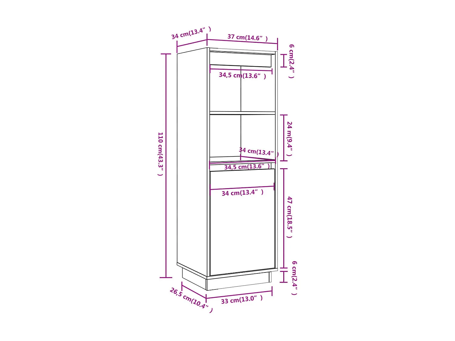Credenza Bianca 37x34x110 cm in Legno Massello di Pino