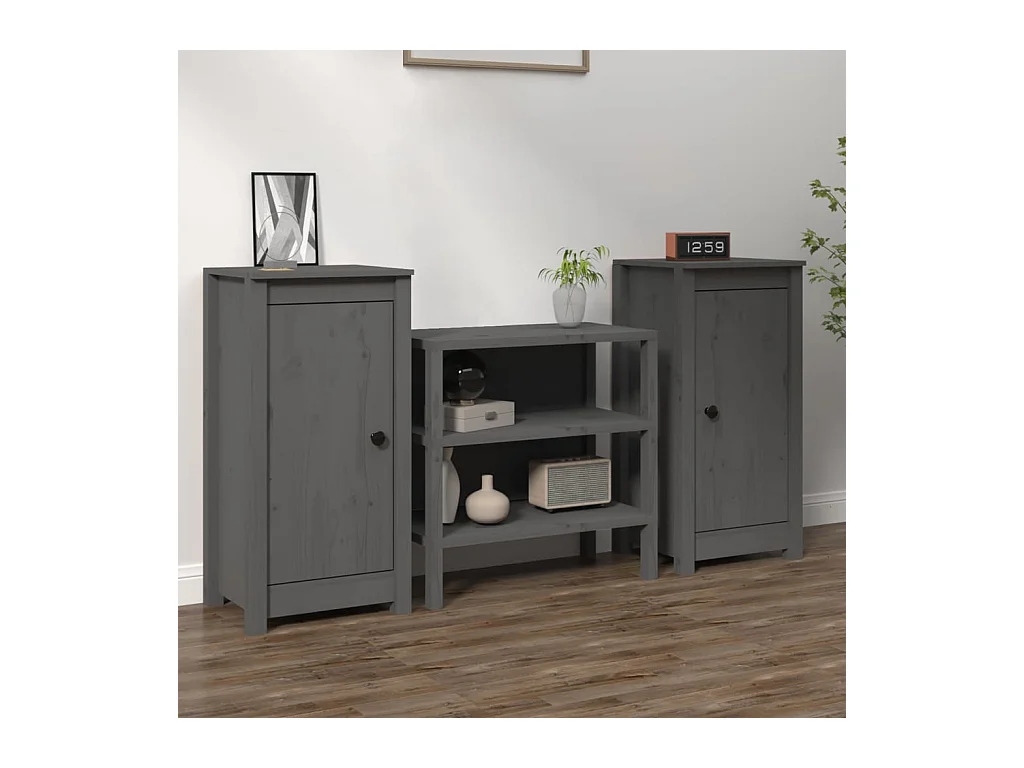 Credenze 2 pz Grigie 39x35x80 cm in Legno Massello di Pino