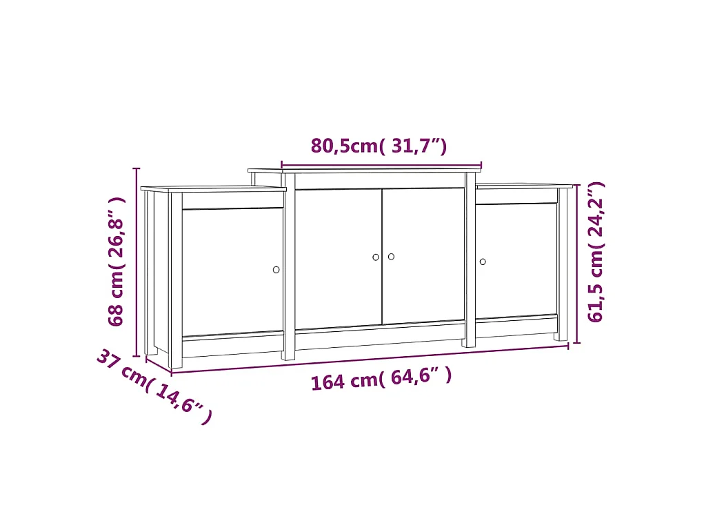 Aparador de madera maciza de pino blanco 164x37x68 cm