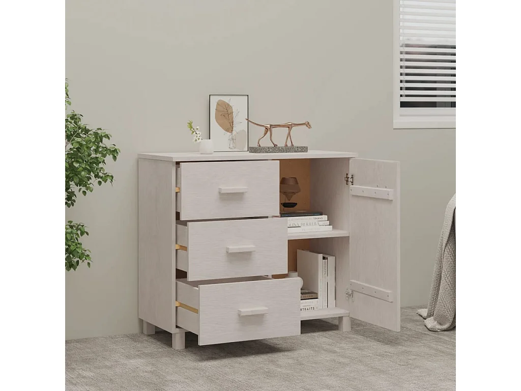 Credenza HAMAR Bianca 90x40x80 cm in Legno Massello di Pino