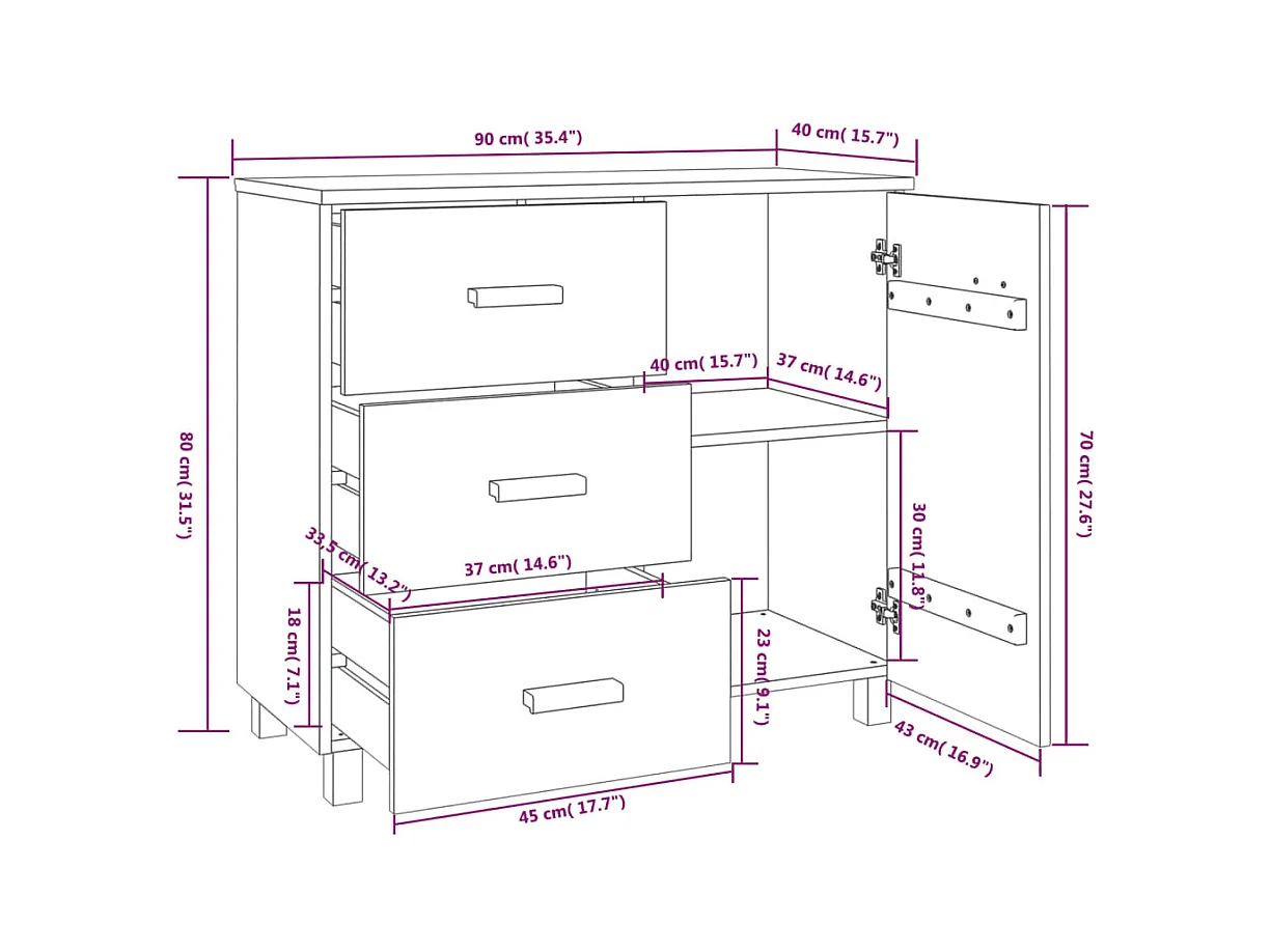 Buffet HAMAR Blanc 90x40x80 cm Bois massif de pin