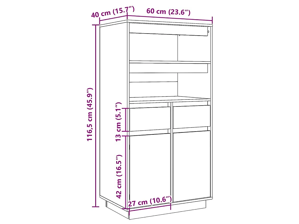 Highboard Grau 60x40x116,5 cm Massivholz Kiefer