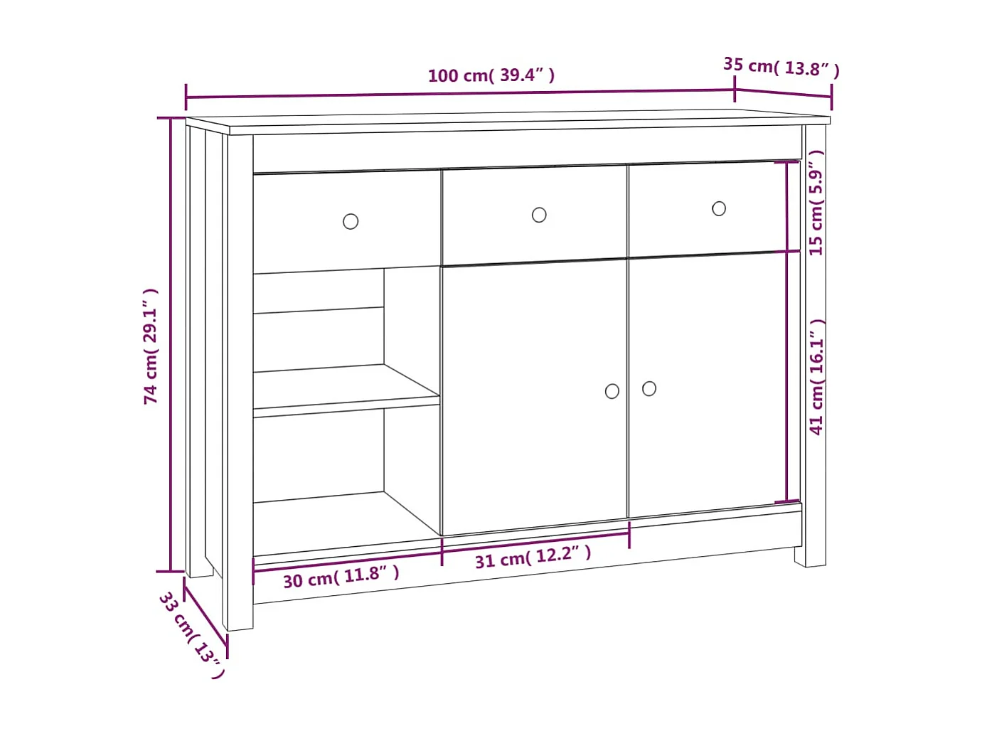 Credenza Bianca 100x35x74 cm in Legno Massello di Pino