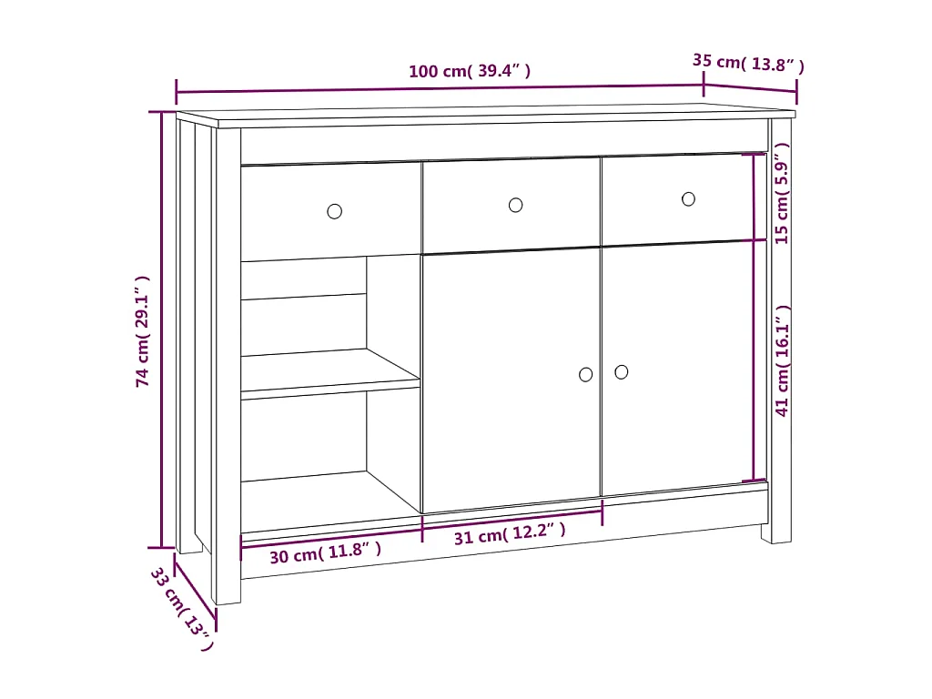 Buffet Blanc 100x35x74 cm Bois massif de pin
