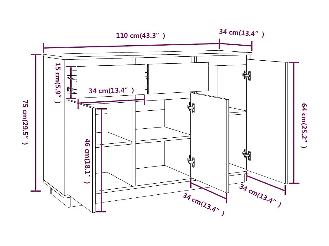 Credenza 110x34x75 cm in Legno Massello di Pino