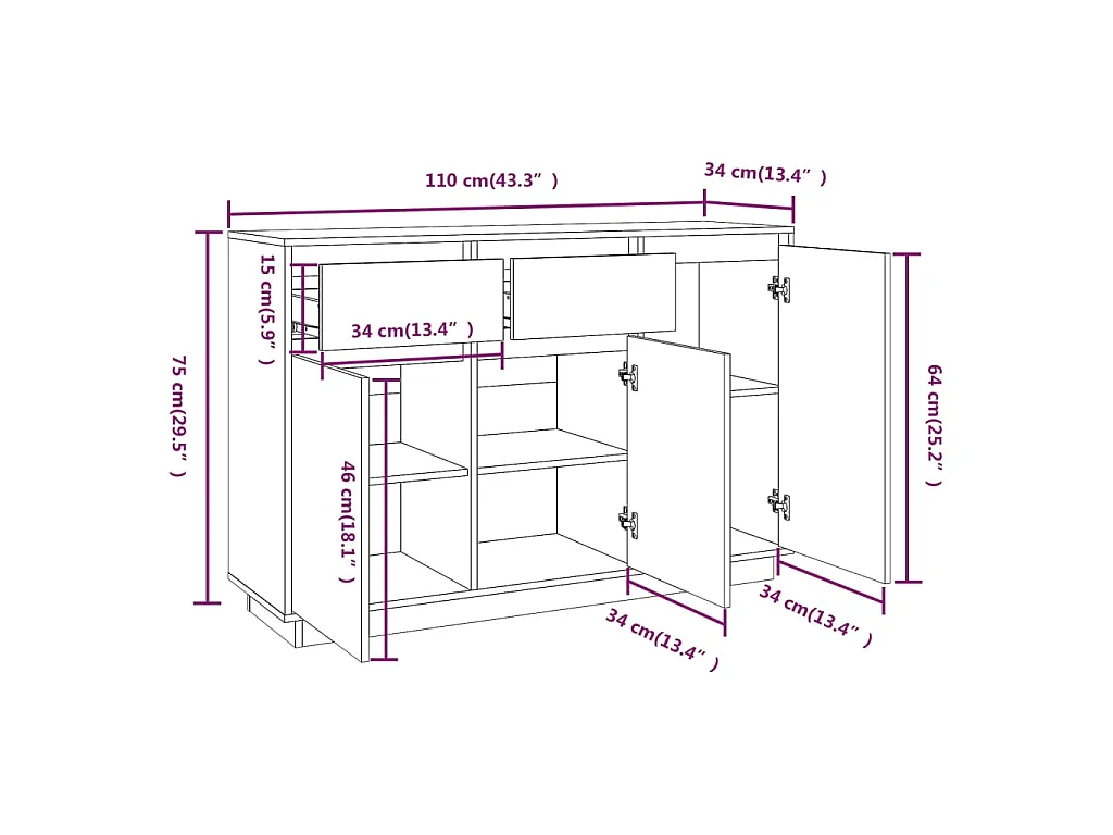 Buffet 110x34x75 cm bois massif de pin