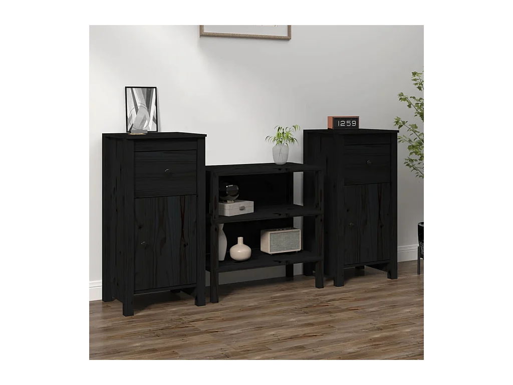 Credenze 2 pz Nere 40x35x80 cm in Legno Massello di Pino