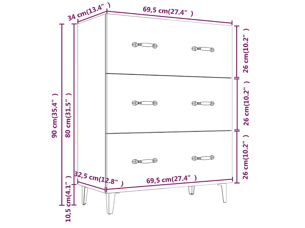 Dressoir 69,5x34x90 cm bewerkt hout grijs sonoma eikenkleurig