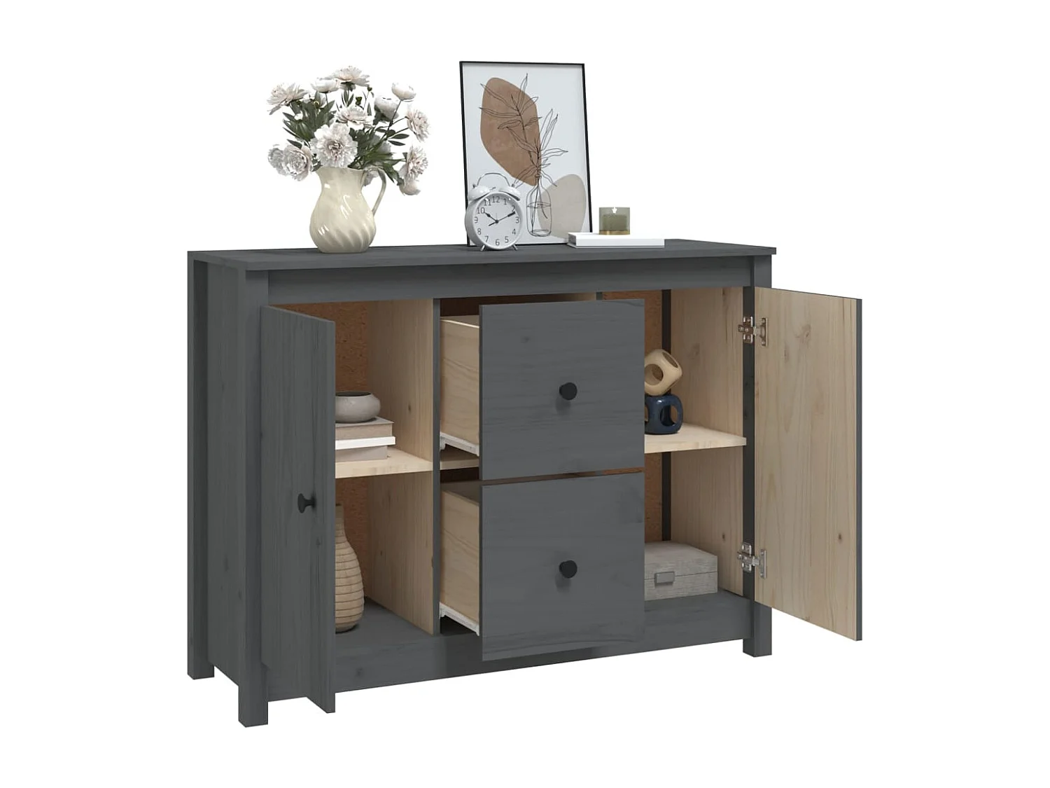 Sideboard Grau 100x35x74 cm Massivholz Kiefer