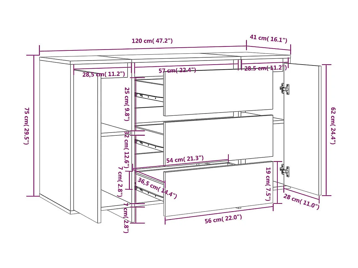 Dressoir met 3 lades 120x41x75 cm bewerkt hout zwart